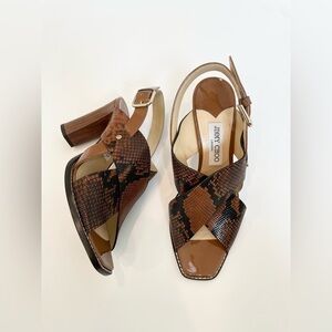 Jimmy Choo Aix 85 Snake Printed Brown Patent leather block heel sandals EU 40